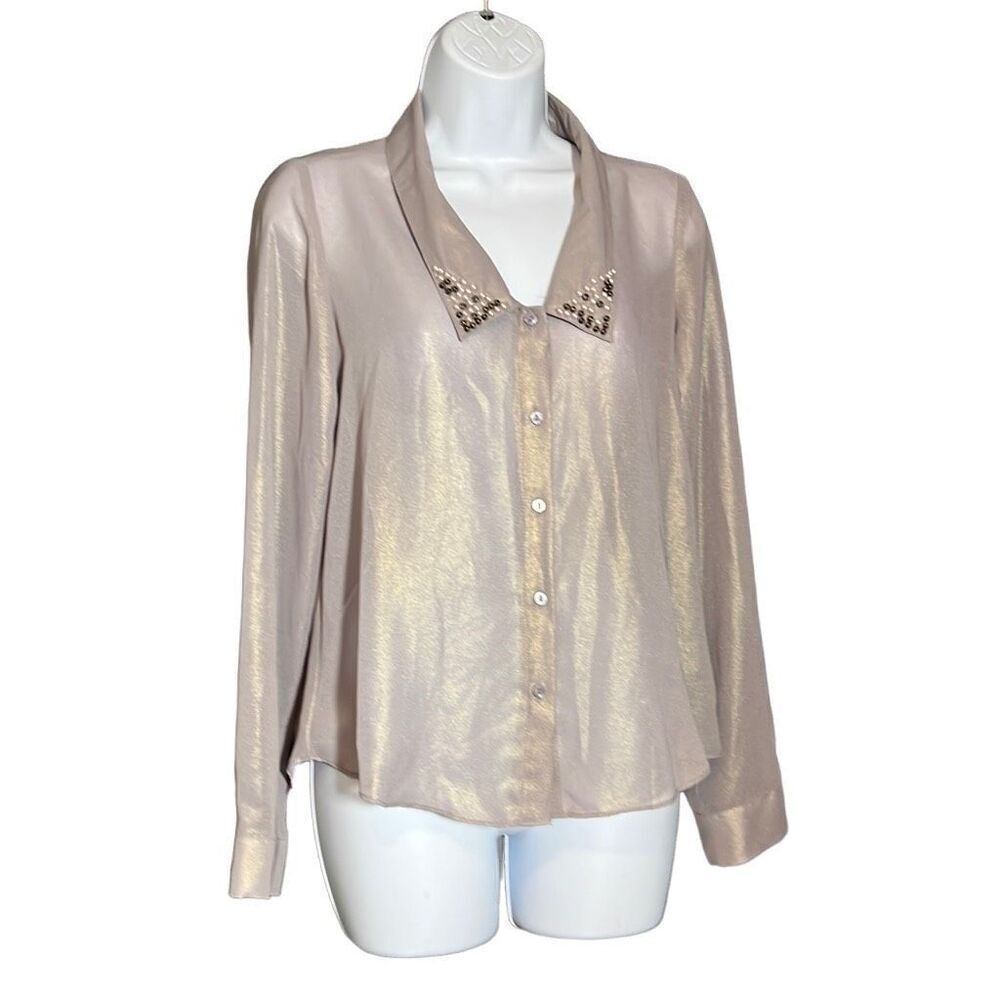 Decree Women's Button-Up Studded Collared Metallic Gray Long Sleeve Top S